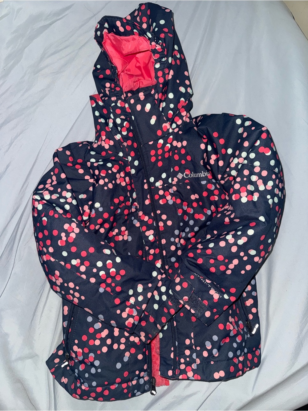 Columbia Kids interchange Navy Jacket with Pink and White Dot Print size 6